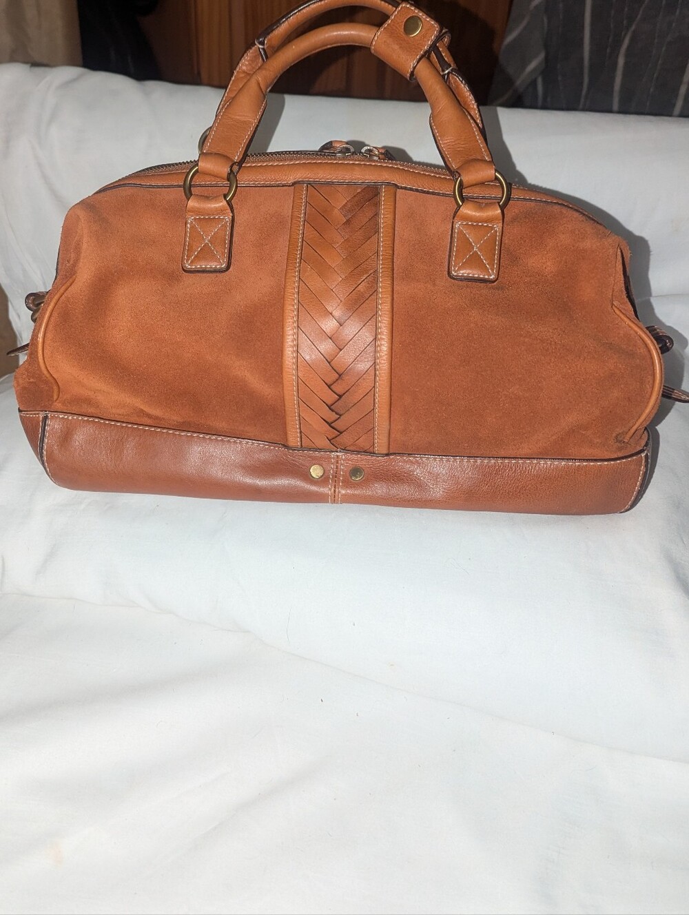 Cole Haan Cognac Brown Suede With Leather Woven Accent Duffle Bag - Picture 2 of 14